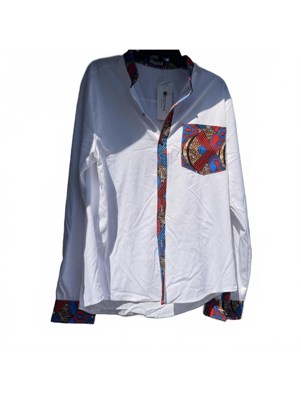 NWT Zeroyaa Men's White LS Dress Shirt Colorful Patterned Cuff Size M Flawed